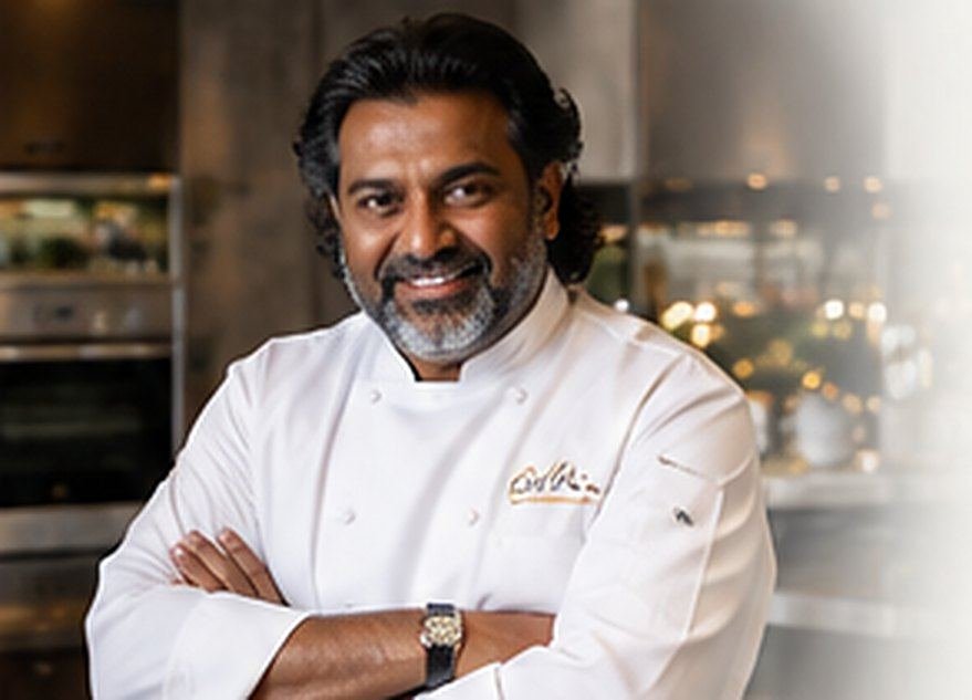 Chef Amal Sasikumar in chef’s whites, arms folded, in a professional kitchen